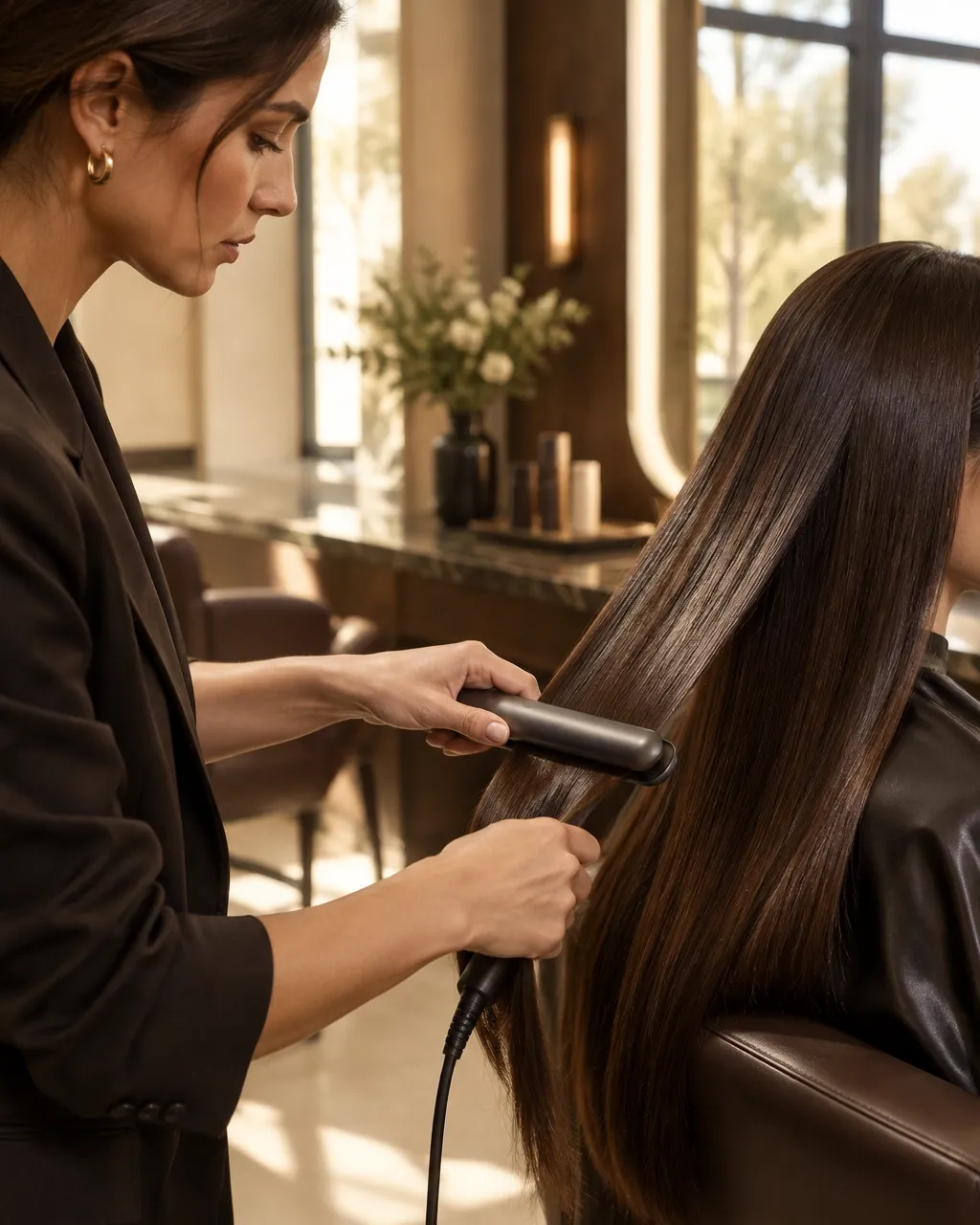 Stylist carefully smoothing a client's long hair in a sunlit salon