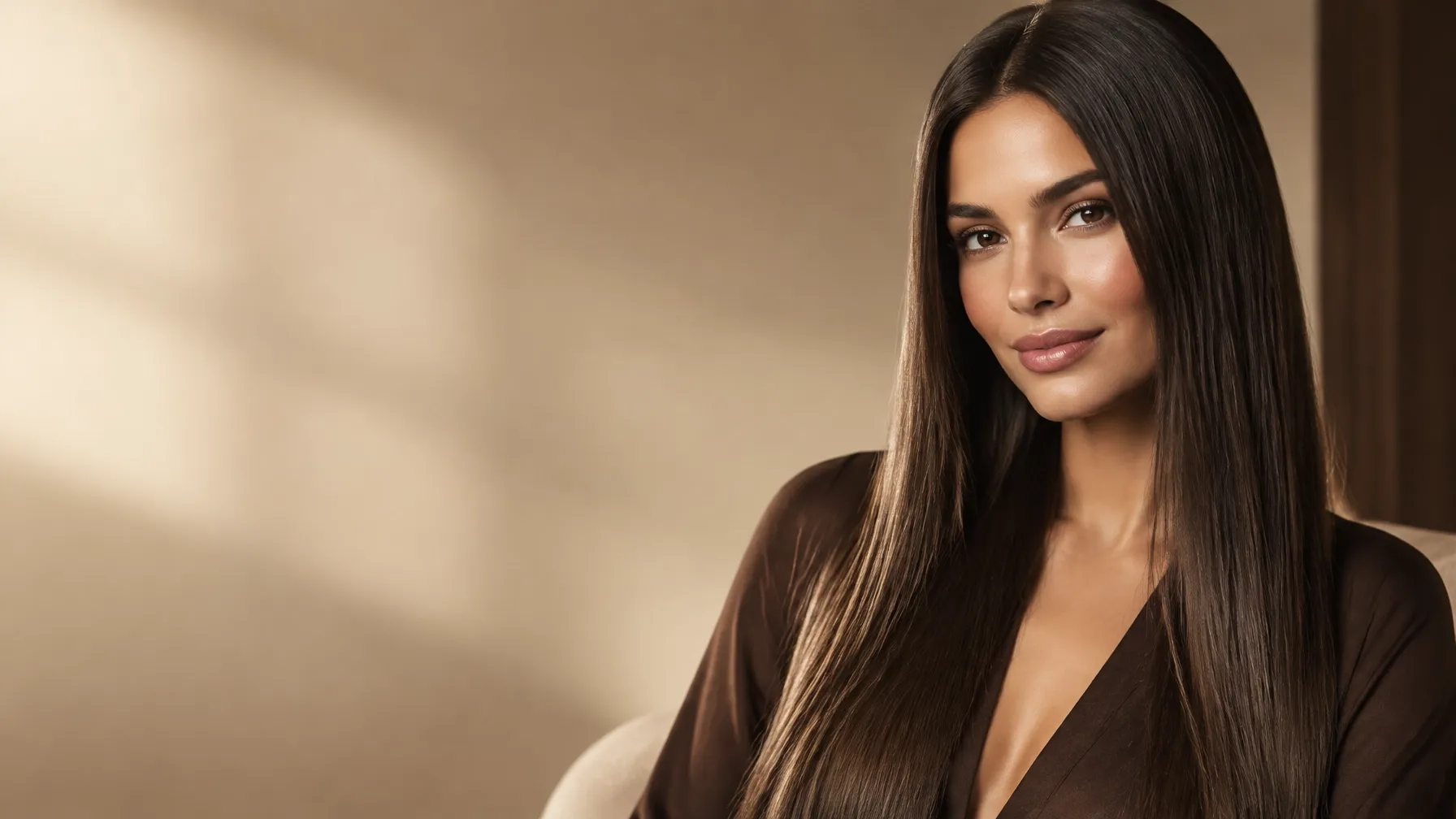 Woman with long, sleek, glossy dark hair in warm natural light